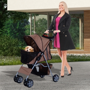 Pawhut Oxford Cloth Foldable Dog Stroller Pushchair Pet Trolley w/ Zipper Entry-Brown/Silver