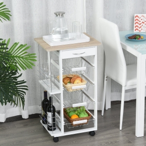 HOMCOM Multi-Use Kitchen Island Trolley w/ 4 Baskets 2 Side Racks Drawer Worktop White