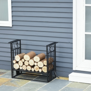 Outsunny Steel Slatted Log Rack w/ Tools Black