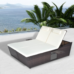 Outsunny 2-Seater Adjustable Double Rattan Sofa W/Tray-Brown/Cream White