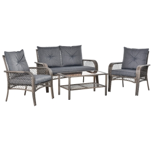 Outsunny 4-Seater Patio Rattan Sofa Set Conversation Furniture Two-Tier Table w/ Cushions