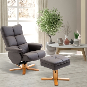 HOMCOM Wooden Recliner PU Leather Chair W/ Stool-Brown