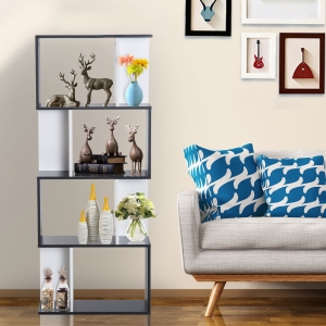 HOMCOM 4-tier S Shape Bookcase, Particle Board-White/Black