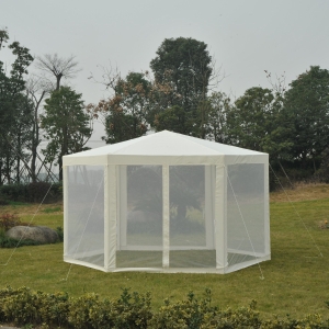 Outsunny Hexagon Netting Gazebo-Creamy White