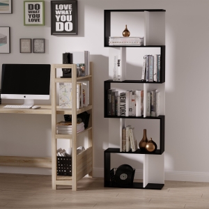HOMCOM 5-tier S Shape Bookcase, Particle Board-White/Black