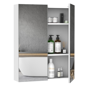HOMCOM Wall Mount Mirror Cabinet Bathroom Storage 3-Tier Shelf Inside Double Door, 75x60x15 cm-White
