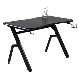 HOMCOM LED Ergonomic Gaming Desk Computer Table with Cup Holder Cable Management, Black