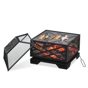 Outsunny Outdoor Square Fire Pit Patio Metal Brazier w/ Grill Net Mesh Cover Poker 66cm