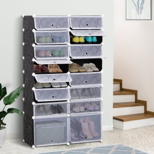 HOMCOM 16-Cube DIY Shoes Rack, 95L x 37W x 160Hcm-Black/White