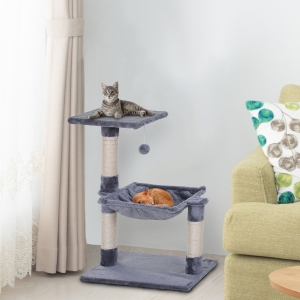 PawHut Cats 2-Tier Sisal Rope Scratching Post w/ Dangle Toy Beige