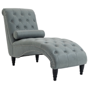 HOMCOM Tufted Chaise Longue Modern Recliner Upholstered Leisure Sofa Chair with Pillow for Living Room, Bedroom, Grey