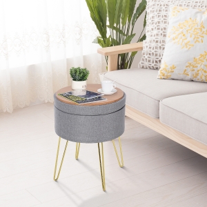 HOMCOM Footstool Ottoman Coffee Table Polyester Upholstered Round Footstool Grey/Gold