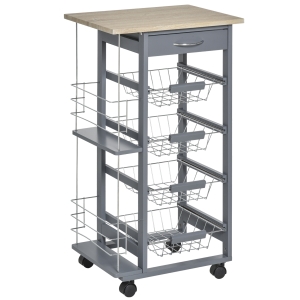 HOMCOM Multi-Use Kitchen Island Trolley w/ 4 Baskets 2 Side Racks Drawer Worktop Dark Grey