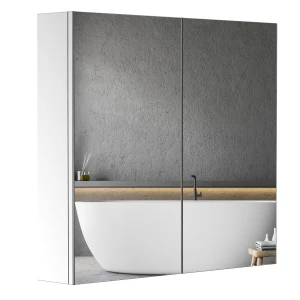 HOMCOM Bathroom Mirror Cabinet, Stainless Steel, Double Doors, Wall Mounted, Spacious Storage
