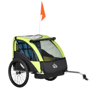 HOMCOM Trailer for Kids Child Bike Foldable Baby Carrier 2-Seat w/ Storage Bag Safety Harness Green