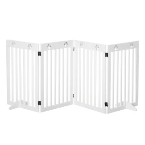 PawHut Freestanding Wooden Pet Gate, 4 Panel Folding Dog Safety Barrier, for Doorways and Stairs, White