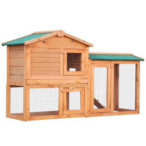 PawHut Rabbit Hutch Bunny Cage 2 Tier Fir Wood Small Animal Hutch w/ Ramp Brown