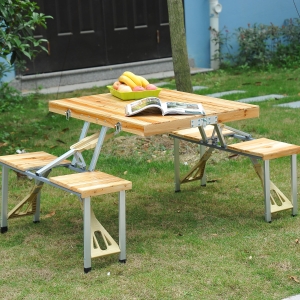 Outsunny Cunninghamia Board Portable Picnic Table Bench Set Natural Wood Color