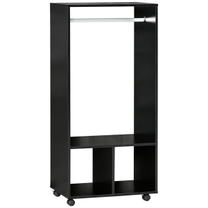HOMCOM Rolling Open Wardrobe w/ Hanging Rod Storage Shelves Closet Organizer, Black