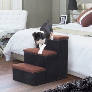 PawHut 3 Step Pet Stairs Foldable Portable Mobility Assistance w/ Washable Fleece Cover 41x19cm Black