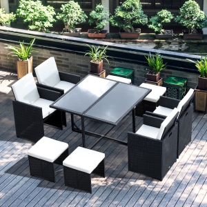 Outsunny Rattan Dining Set, 9 PC-Black/Milk White