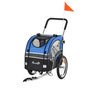 PawHut 2-in-1 Dog Bike Trailer Pet Stroller Carrier Pushchair Reflector Flag 130x58x94cm