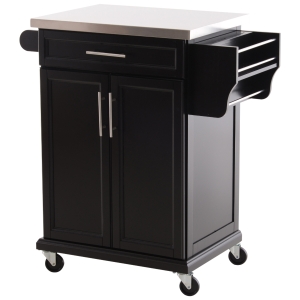 HOMCOM Wooden Kitchen Cart MDF Stainless Steel Top Kitchen Island-Black