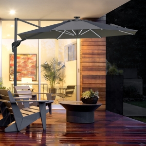 Outsunny 3m Solar LED Cantilever Parasol Adjustable Garden Umbrella w/ Base Dark Grey