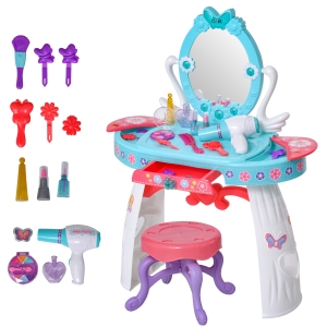 HOMCOM Kids Pretend Play Dressing Set w/ Table Stool Accessories Lights Music Storage