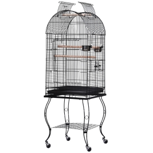 PawHut Metal Wire Bird Cage Parrot Cage Steel Pipe Bird Stand w/ Wheels 51Lx51Wx137H cm-Black