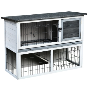 PawHut Small Animal Two-Level Fir Wood Rabbit Hutch Bunny Cage w/ Slide Out Tray Grey