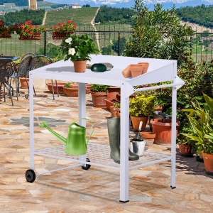 Outsunny Metal Outdoor Garden Potting Table Push Cart White