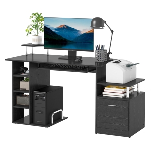 HOMCOM Office Workstation 152Lx60Wx88H cm W/Drawer, Shelves-Black