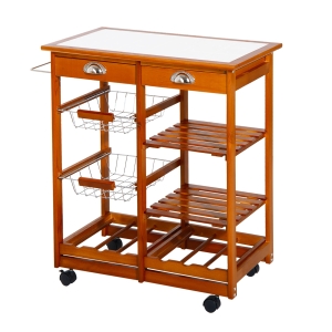 HOMCOM Wooden Rolling Kitchen Cart Tile Counter Top Utility Trolley with Towel Rack, 2 Drawers, 2 Shelves