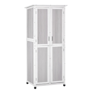 Outsunny Wooden Garden Cabinet 3-Tier Storage Shed Double-door Organizer w/ Hook Foot Pad