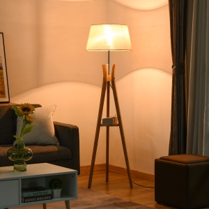 HOMCOM Floor Lamp 40W w/ Pedal Switch Middle Shelf Tripod Base Fabric Shade, Beige