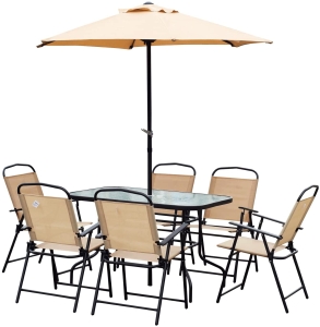 Outsunny 8 Pcs Dining Set W/Umbrella, Textilene-Beige