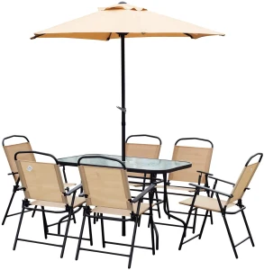 Outsunny 8 Pcs Dining Set W/Umbrella, Textilene-Beige 