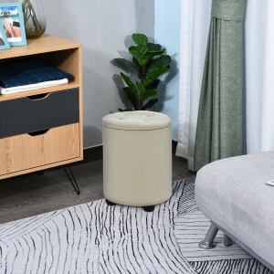 HOMCOM Storage Footstool Ottoman Linen Upholstered Round Stool Cream White