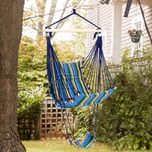 Outsunny Hammock Chair, 90Lx58Wx100H cm, Hardwood Cotton/Polyester-Yellow/Blue