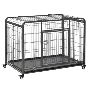 PawHut Dog Crates Foldable Indoor Dog Kennel & Dog Cage Pet Playpen w/ Tray Lockable Wheels Openable Top