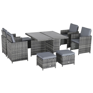 Outsunny 9 Pieces Rattan Dining Set Garden Furniture Cushion Seat Woven Rattan Grey