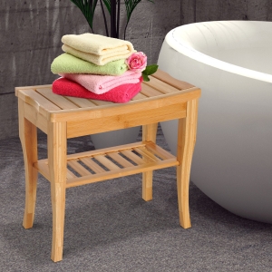 HOMCOM Wooden Bathroom Shower Bench, with Lower Shelf