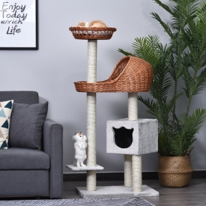 PawHut 60L x 40W x 133H cm Cats 4-Tier Sisal Rope Scratching Post w/ Cave White