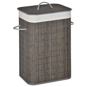 HOMCOM Bamboo Laundry Basket with Flip Lid Removable Lining and String Handles, Grey