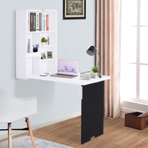 HOMCOM MDF Folding Wall-Mounted Drop-Leaf Table with Chalkboard Shelf White