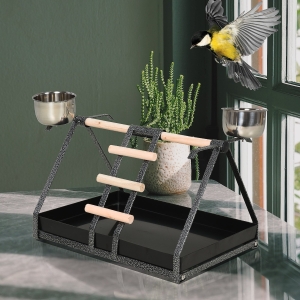 PawHut Portable Parrot Bird Stainless Steel Feeder w/ Fir Wood Perch Removable Tray