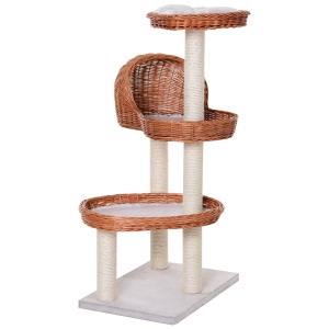 PawHut Cats 3-Tier Sisal Rope Scratching Post w/ Wicker Bed Grey