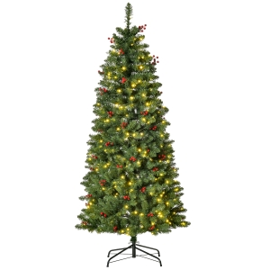 HOMCOM 5FT Prelit Artificial Pencil Christmas Tree w/ LED Light, Berry, Xmas Decor