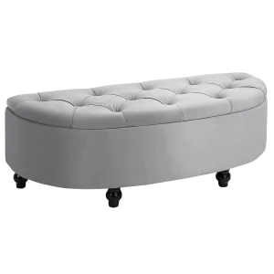 HOMCOM Storage Ottoman Bench, Semi-Circle Tufted Upholstered Accent Seat with Rubberwood Legs, Footrest Stool for Entryway & Bedroom, Grey